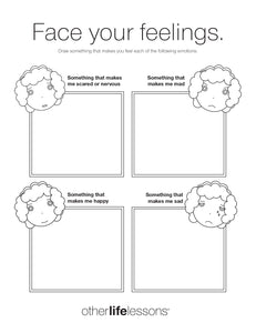 Printable called "Face Your Feelings" with four boxes where children can draw something that makes them either scared, mad, happy or sad.